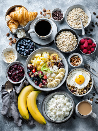 Enjoy a beautiful breakfast with fresh fruits, yogurt, granola, and coffee for a nourishing start to your day.の素材