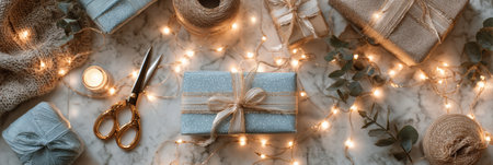 This scene showcases beautifully wrapped gifts surrounded by soft lighting, twine, scissors, and greenery, creating a cozy and inviting holiday atmosphere.の素材