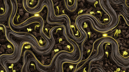 Yellow sprouts rise from rich brown soil, forming a unique pattern as they emerge, symbolizing life and growth in a natural setting.の素材