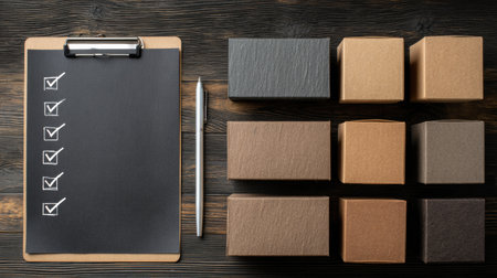 A checklist with check marks sits next to a selection of brown boxes on a rustic wooden table, emphasizing an orderly packing or sorting effort.の素材