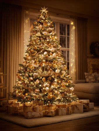 A stunning Christmas tree adorned with lights and ornaments stands proudly in a warm living room filled with holiday spirit, surrounded by wrapped gifts.の素材