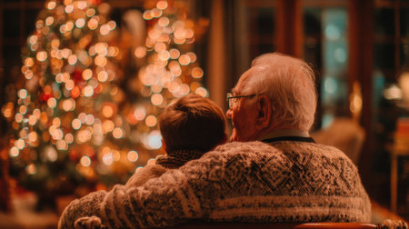 A grandfather embraces his grandchild while sitting together, surrounded by a beautifully lit Christmas tree, creating a warm and joyful atmosphere.の素材