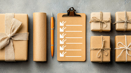 Crafted gift boxes and a clipboard with a checklist showcase festive preparations, inviting thoughts of upcoming celebrations or gatherings in a cozy setting.の素材