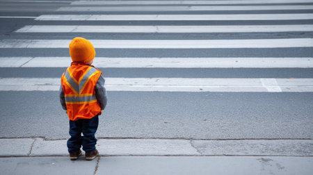 Young child wearing an orange safety vest stands at the crosswalk, looking ahead and waiting for traffic to clear before crossing safely.の素材