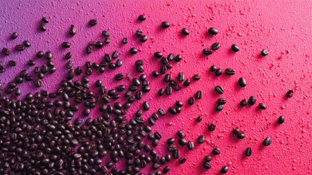 Coffee beans are artistically spread across a colorful pink and purple surface, showing their rich texture and dark tones against the lively backdrop.の素材