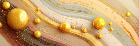 Gold and pastel swirls create an abstract design with shimmering spheres and intricate details that captivate the viewer.の素材