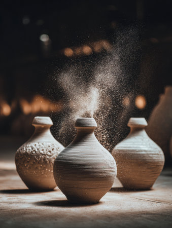 Craftspeople skillfully shape clay into vases in a workshop filled with warm light, as dust dances in the air from their meticulous work with pottery.の素材