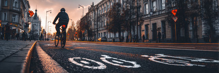A cyclist navigates a bustling city street, bathed in warm sunset light, reflecting the lively atmosphere of urban cycling and daily life.の素材
