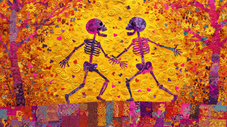 Two colorful skeletons dance joyfully on a bright yellow background with autumn leaves and flowers, creating a festive scene.の素材