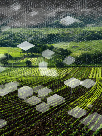 Green fields stretch across the landscape, marked by organized rows of crops. Lush hills provide a scenic backdrop against a bright sky.の素材