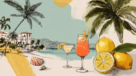 Relaxation awaits in a colorful tropical beach setting featuring refreshing drinks, fresh lemons, and lush palm trees against a sunny backdrop.の素材