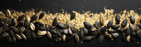 Sunflower seeds are placed next to shimmering golden dust on a black background, showing a striking contrast and a touch of elegance.の素材