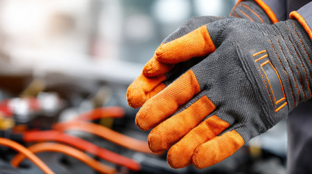 Gloved hands of a mechanic getting ready to work on a vehicle, showing the tools and cables in a well-lit automotive shop environment.の素材