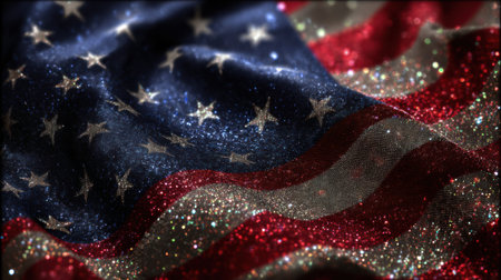 Folding fabric of the American flag glistens with sparkles, capturing the essence of patriotism during a festive event or national holiday.の素材