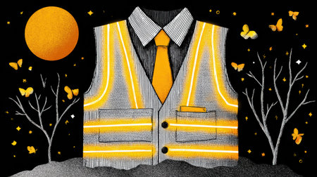 This illustration features a high-visibility safety vest layered over a formal shirt and tie, surrounded by butterflies and trees against a dark background.の素材