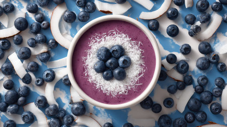 Bright smoothie bowl filled with blended fruits, topped with fresh blueberries and coconut flakes, displayed on a vibrant blue sky pattern.の素材