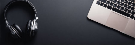 A pair of black headphones rests next to a silver laptop on a dark surface, suggesting a cozy setup for listening to music or working on projects.の素材