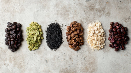 Various coffee beans and seeds are displayed in a row, highlighting their different colors and textures on a smooth, neutral-toned surface.の素材