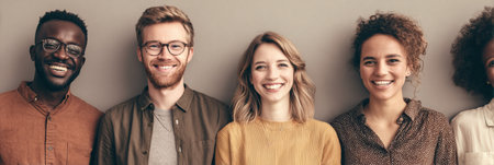 A cheerful group of five friends shows joy and friendship, standing closely together with a soft, neutral backdrop enhancing their smiles and connection.の素材