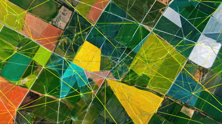 Colorful fields in geometric patterns display diverse crops and farming techniques from above, highlighting agricultural practices in rural landscapes.の素材
