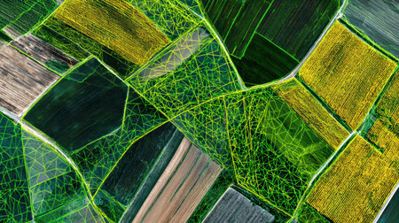 Vibrant fields with distinct patterns and colors showcase different crops and agricultural practices under clear skies in a lush rural landscape.の素材