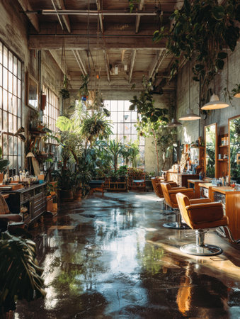 Bright and airy hair salon features vintage styling chairs, large windows, and abundant greenery, creating a tranquil and inviting space for clients.の素材