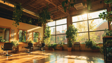 Bright and airy salon featuring large windows that allow sunlight to stream in, surrounded by vibrant plants, creating a calming environment for hair services.の素材