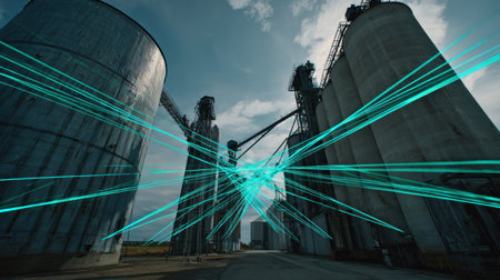 Bright blue light beams intersect dramatically over tall grain silos at an agricultural facility under a cloudy sky, creating a futuristic atmosphere.の素材