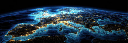Europe is depicted at night showcasing urban bright lights against dark landscapes, with artistic blue lines illustrating physical geography and contours.の素材