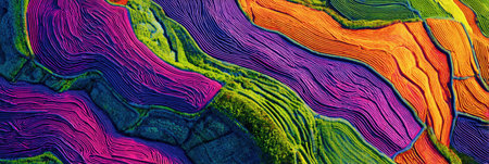 Terraced fields in rich hues of purple, green, and orange reflect the meticulous farming practices of the region, creating a breathtaking tapestry at dusk.の素材