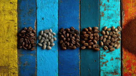 Various types of coffee beans are arranged on vibrant wooden planks. Colors include yellow, blue, and turquoise, highlighting each coffee variety.の素材