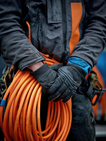 A worker stands with their hands clasping an orange coiled cable, wearing gloves and protective clothing, ready for a task at a construction site.の素材