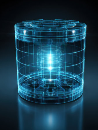 Intricate energy chamber displays a luminous core surrounded by a transparent structure, set against a dark backdrop, showcasing advanced technology.の素材