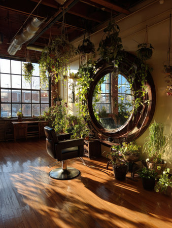 Bright salon space featuring a round mirror surrounded by lush green plants, creating a serene environment for hair styling.の素材