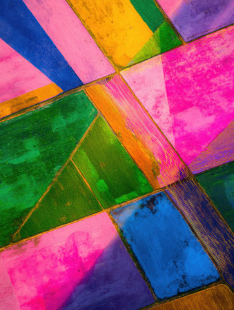 Vibrant geometric patterns in various colors create a lively and artistic composition, showing a mix of shapes and textures in bright hues.の素材