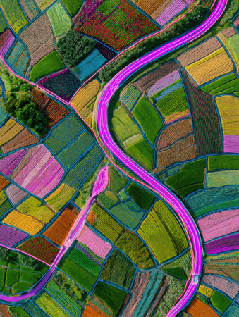 Beautifully patterned farmland features vibrant colors, and a curving river runs through the landscape on a bright sunny day in a rural area.の素材