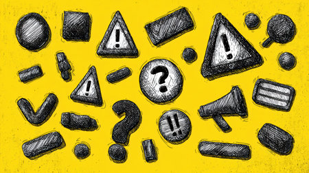 Colorful yellow background features playful black and gray warning signs and symbols, creatively showing alerts and questions.の素材