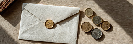 An sealed with a wax stamp is placed next to a collection of coins on a light wooden surface, illuminated by natural sunlight.の素材