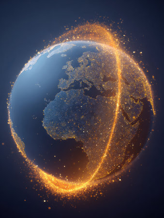 A glowing image of Earth highlights Europe with a golden ring, showcasing vibrant city lights and natural landscapes at night.の素材