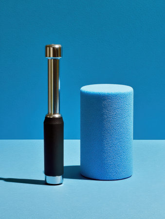 A massage stick is positioned beside a foam roller against a vibrant blue backdrop, highlighting tools used for muscle recovery after workouts.の素材
