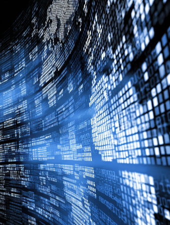 Digital depiction of a world map intertwined with flowing data streams in blue tones, illustrating the vastness of information exchange in technology.の素材