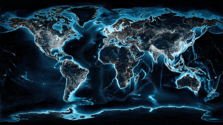 Vivid world map presenting continents and oceans with luminous outlines, showing geographical features in a striking blue color scheme.の素材