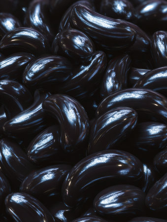 Glossy black beans are densely packed together, showing their shiny skin and curved forms.の素材