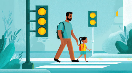 A father and his daughter walk hand in hand across a crosswalk. Bright green traffic lights signal safe passage in a cheerful urban environment.の素材