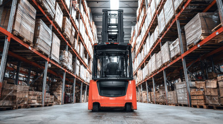 A forklift stands ready in a spacious warehouse aisle lined with neatly stacked pallets under bright lighting.の素材