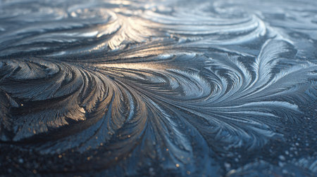 Delicate frost patterns form swirling designs on a glass surface, capturing the morning light and highlighting the beauty of winters chill.の素材
