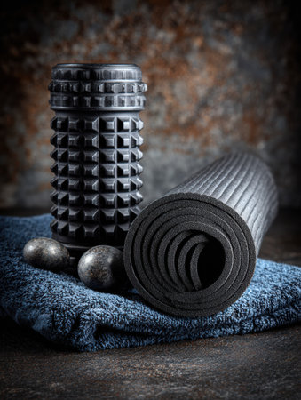 Foam roller and massage balls rest on a blue towel against a rough textured background, showing essential tools for muscle recovery after workouts.の素材