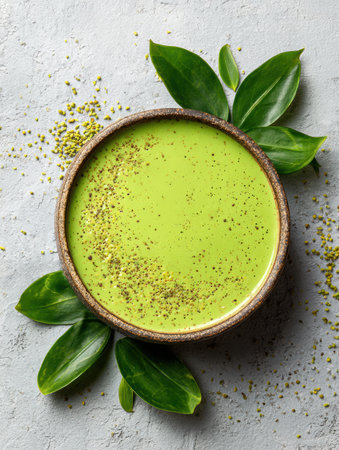 Bright green matcha sits in a handmade bowl, surrounded by lush leaves on a textured gray surface, creating a calming and fresh atmosphere.の素材