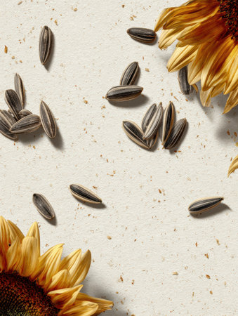 Sunflower seeds lie scattered on a light textured background, with two vibrant sunflower blooms framing the top corners under natural daylight.の素材