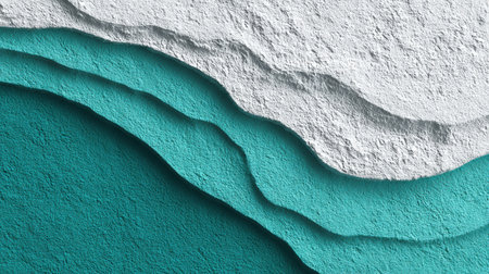 Textured layers of paint form smooth, wavy patterns on a wall, showcasing a blend of turquoise and white colors that create an appealing visual effectの素材